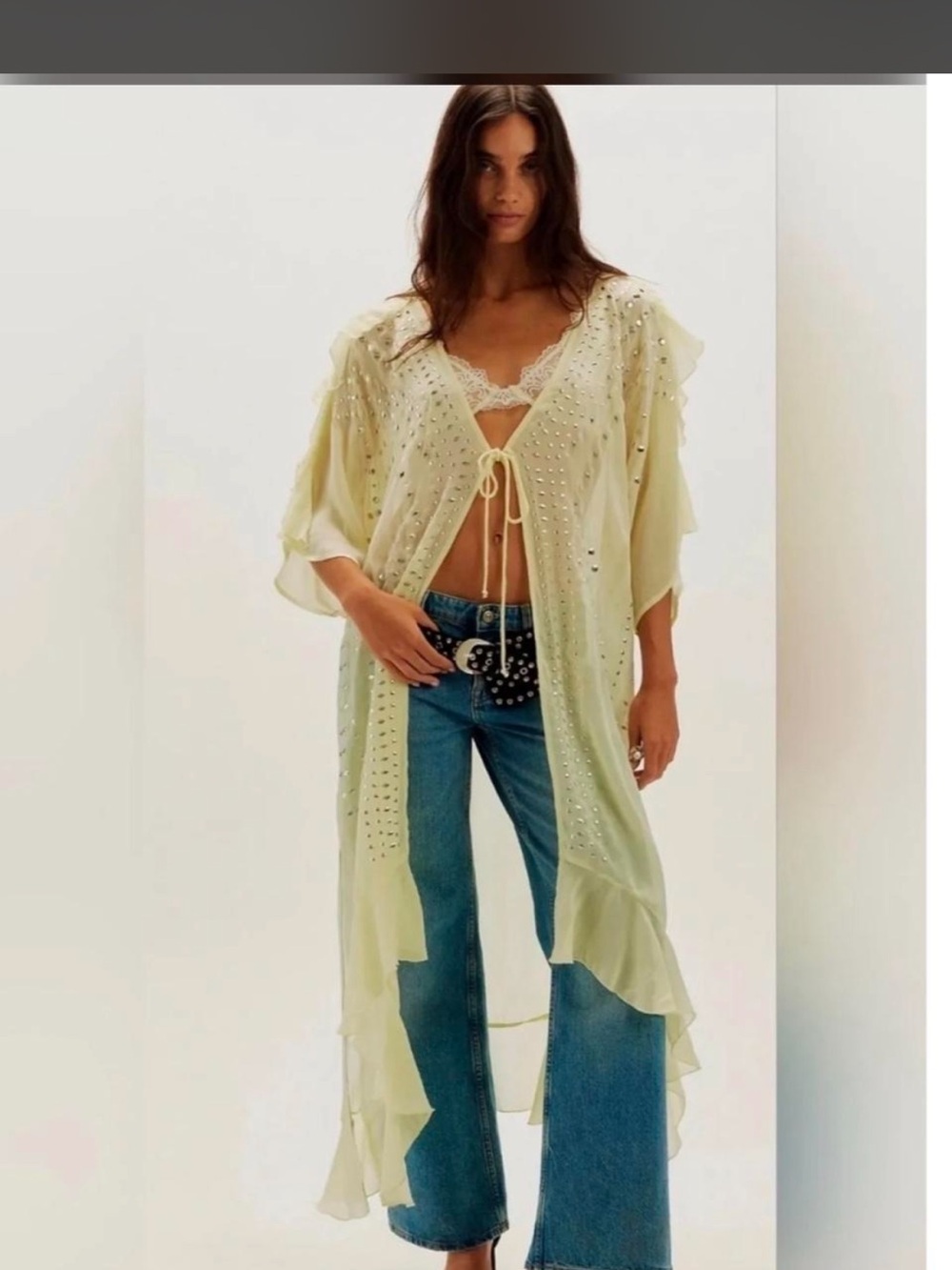 Free people Sequin Tie-Front cardigan in Pale Yellow